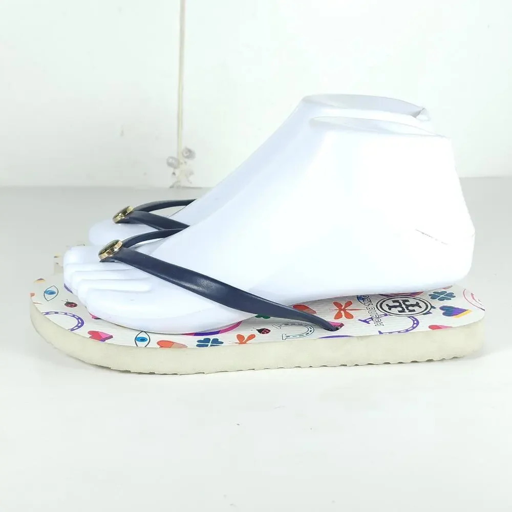 Tory Burch Women’s US6M Blue White Graphic Logo Flip Flop Thong Sandals